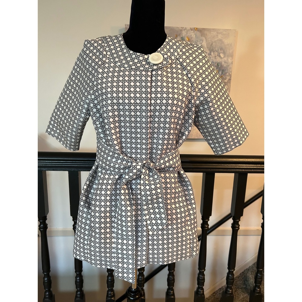 Virginia Taylor Womens Black White Lattice Short Sleeve Belted Jacket Size M